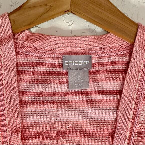 Chico’s Size 3 (XL) Pink Stripe Embroidered Open Front Valentines Day Cardigan - Picture 4 of 6